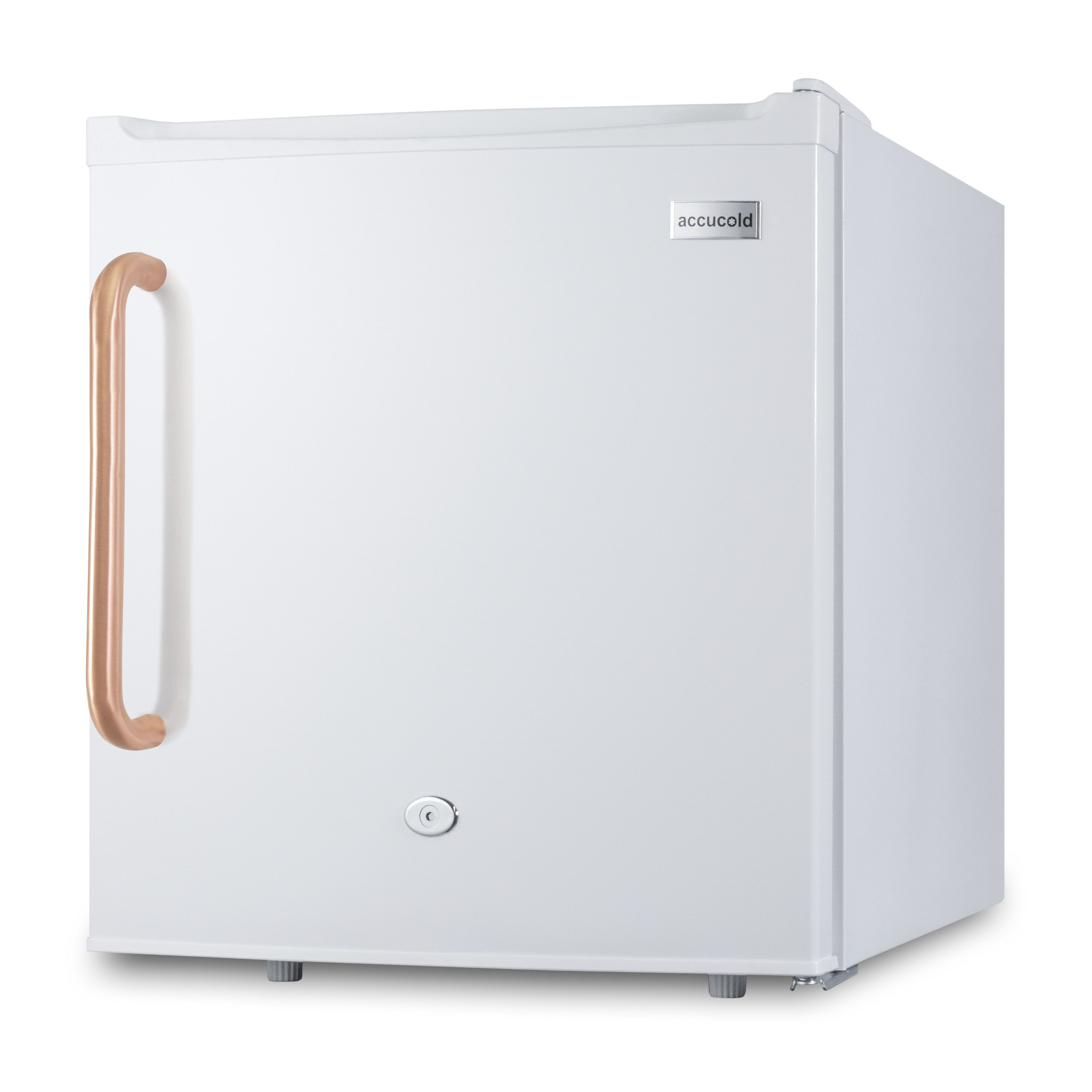 Compact 1.7 cu.ft. all-refrigerator in white with pure copper handle, automatic defrost, front lock, and flat door liner
